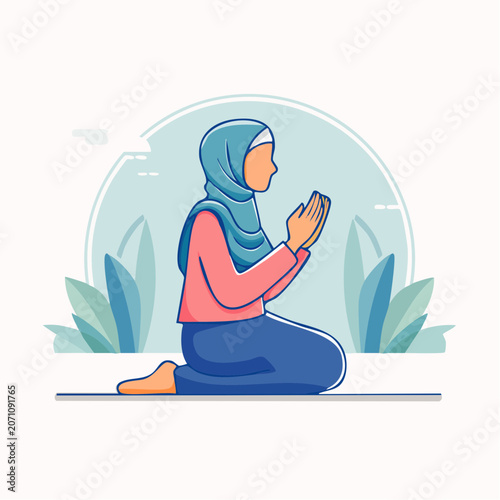 Woman in hijab praying, flat design illustration