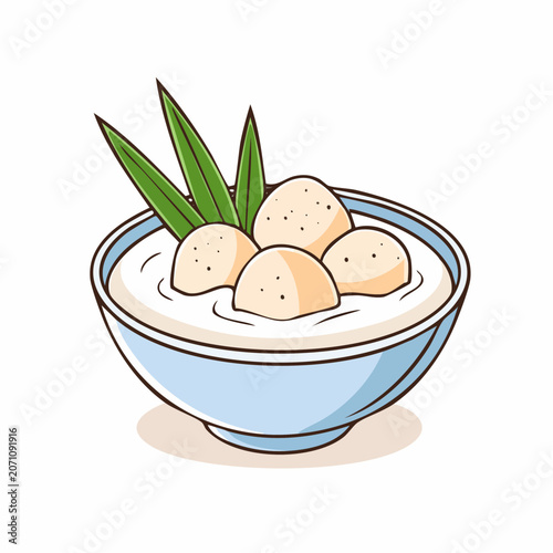 Cartoon bowl of sweet dessert with pandan leaves
