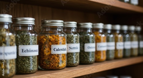 Herbal medicine jars line a wooden shelf indoors closely.