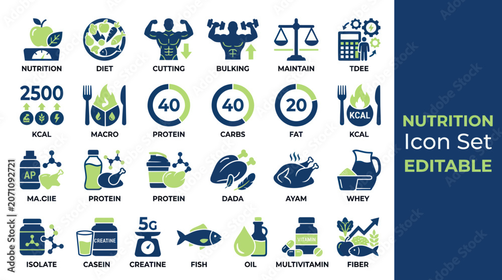 Fototapeta premium Nutrition Icon Set: Diet, Fitness, Health, Food, Workout, Muscle, Protein, Fat