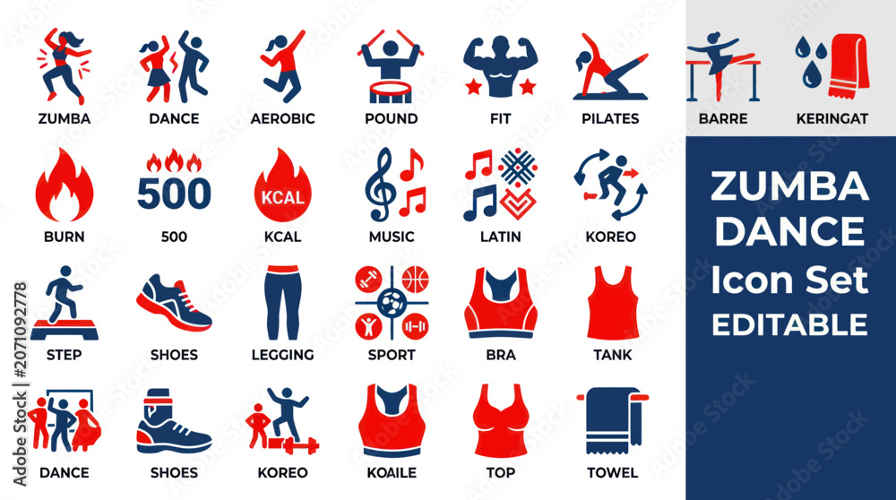 Fototapeta premium Zumba Dance Fitness Icon Set - Cardio Workout, Aerobics, Pilates, Sport Symbols