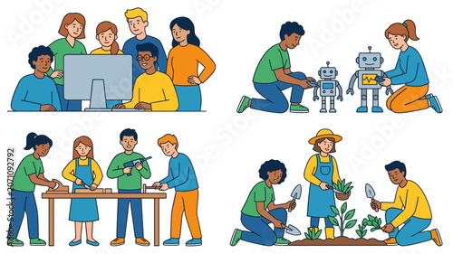Flat world youth skill day vector illustration set. Diverse teenagers working in team for computer coding, building robot, woodwork carpentry and planting agriculture.