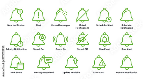 Fotografie Bell Notification Icons Set: Alerts, Messages, Sounds, Events, and Updates