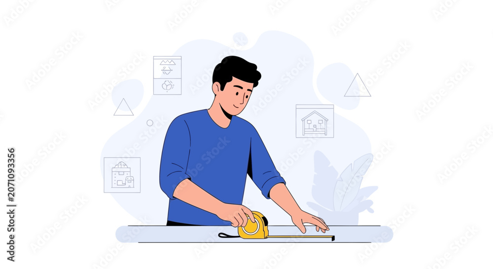 Fototapeta premium Man Measuring Surface with Tape Measure, Home Renovation and Planning Concept