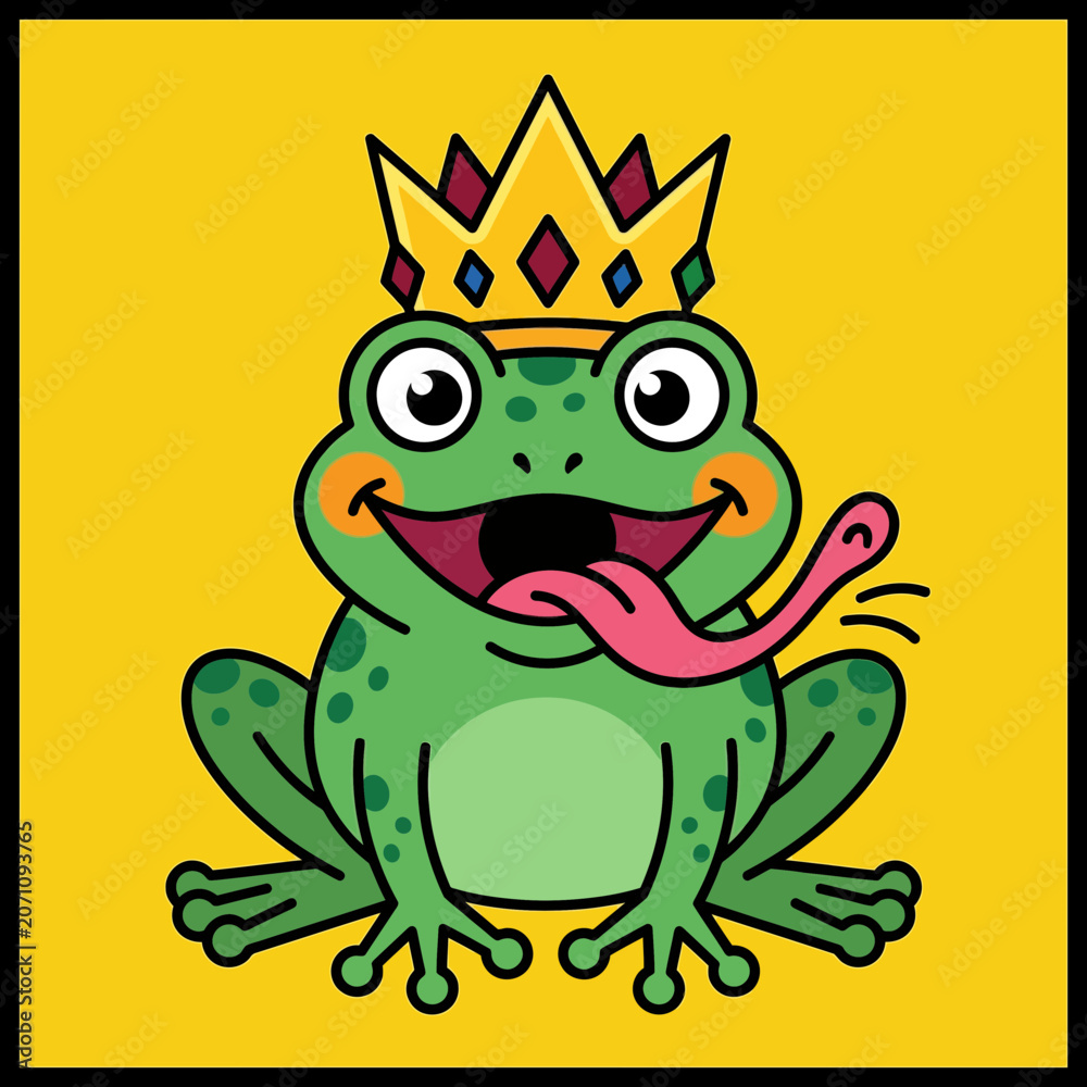Fototapeta premium Funny cartoon king frog with crown and long tongue on yellow background