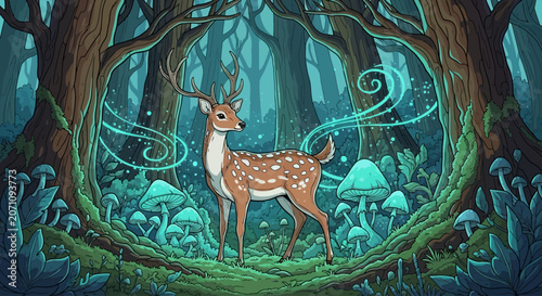 Enchanted forest with a majestic spotted deer surrounded by glowing mushrooms and mystical swirls of light
