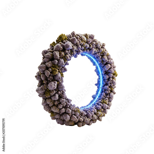 Neon glowing purple rock letter O 3D rendering nature alphabet.
