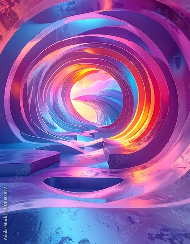 A surrealist abstract scene featuring spiral archways in pastel hues leading towards a bright, otherworldly landscape