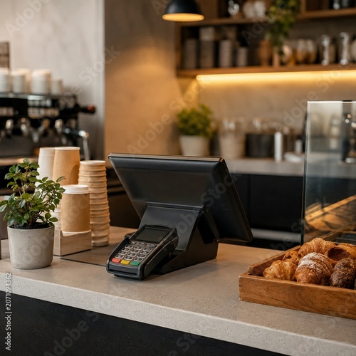 Clean cafe checkout counter with payment terminal pastry tray and cups