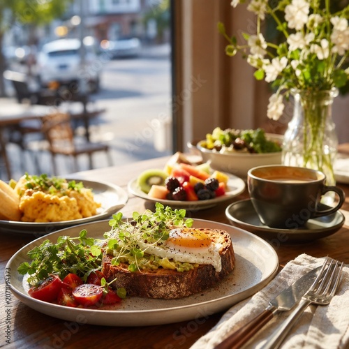 Sunlit cafe breakfast table with fresh pastries coffee and fruit