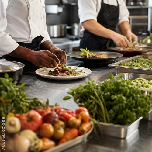 Modern restaurant open kitchen with fresh ingredients and plated dishes
