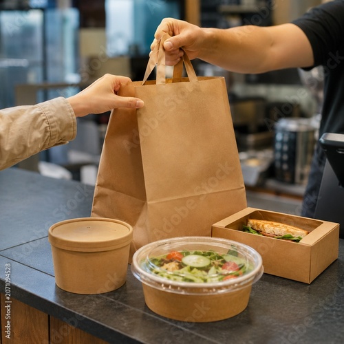 Restaurant takeout counter with plain containers and fresh prepared meal