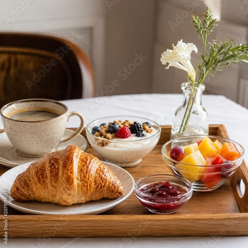 Boutique eatery breakfast service tray with croissant yogurt fruit and coffee