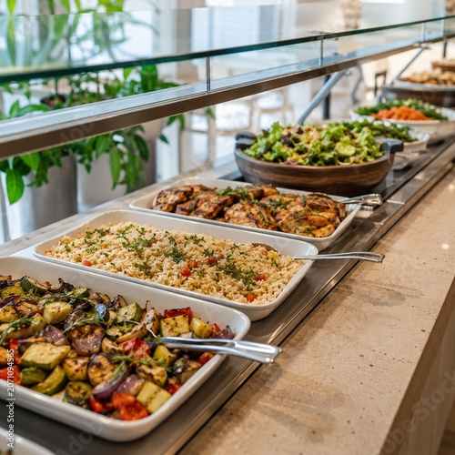 Clean restaurant lunch buffet line with salads vegetables and warm dishes