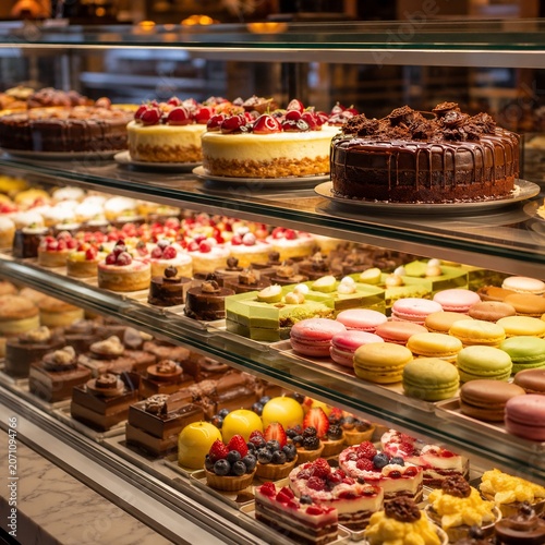 Colorful dessert case in a small cafe with tarts cakes and pastries