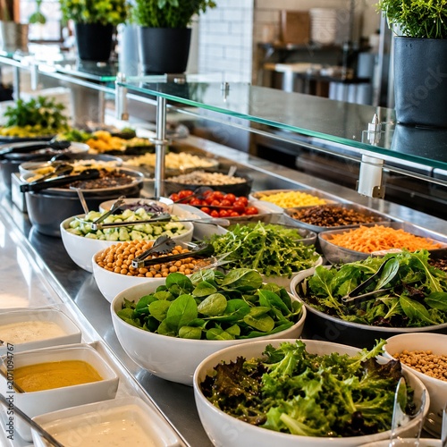 Fresh salad bar with greens toppings grains and dressings