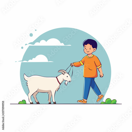 Boy walking a goat on a leash outdoors