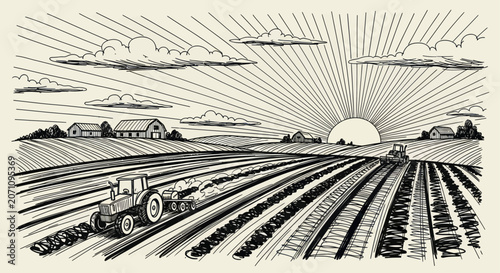 Bild auf Leinwand Tractor plowing a field at sunrise with farm buildings in the distance