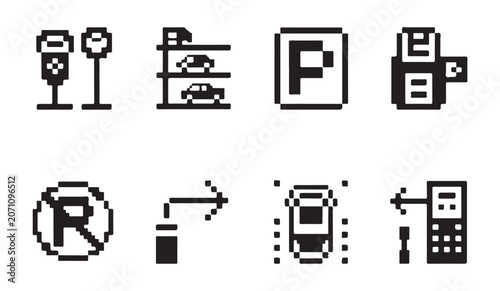 Foto Pixel art parking signs set includes meter garage square permit prohibited and car sensors