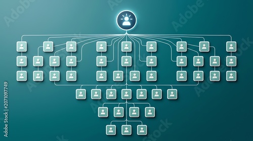 Business organizational chart illustrating hierarchy, corporate structure, and leadership flow on a teal background