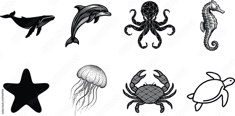 Obraz premium Marine Animals Icon Set with Whale Dolphin Octopus Seahorse Starfish Jellyfish Crab
