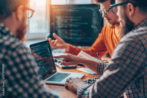 Obraz na płótnie Software development team working on coding and collaboration in a modern office