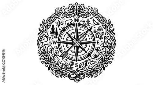 Tableau sur toile Nature Compass Emblem: Wildlife, Trees, and Navigation Symbols in Circle