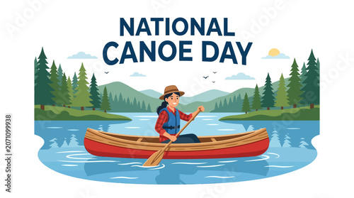 Celebrate national Canoe Day with a woman paddling a red canoe on a serene lake surrounded by pine trees and mountains
