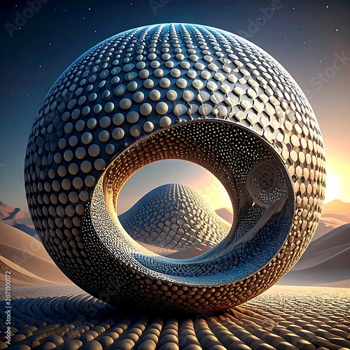 A surrealist landscape featuring a sphere with a circular void, revealing a distant textured mountain. Desert setting
