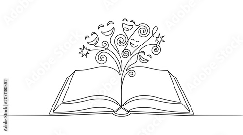 Bild auf Leinwand Open Book with Laughing Faces and Swirls - Storytelling, Imagination, Joy