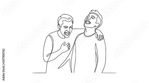 Slika na platnu Two happy friends laughing together, one-line drawing style, embracing