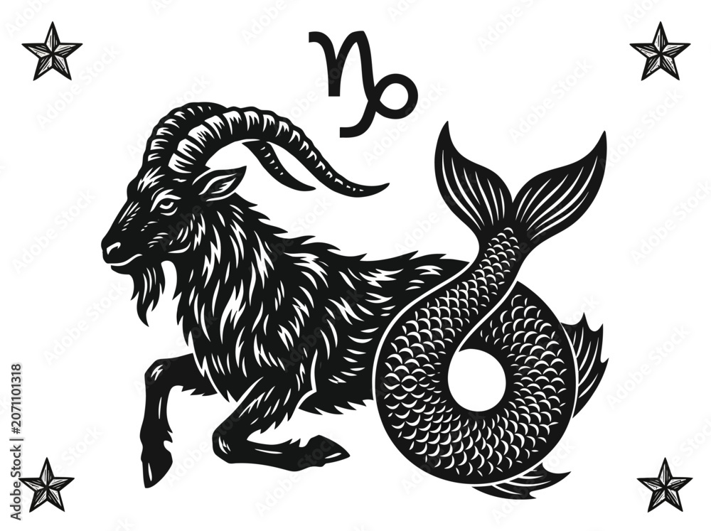 Fototapeta premium Capricorn Zodiac Sign Sea Goat Black and White Woodcut Illustration