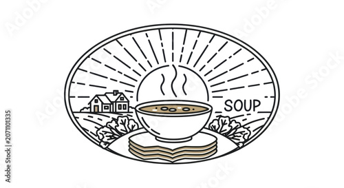 Steaming bowl of soup with bread on a plate.