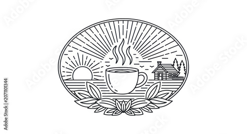 Steaming Coffee Cup with Sunrise and Cabin Illustration.