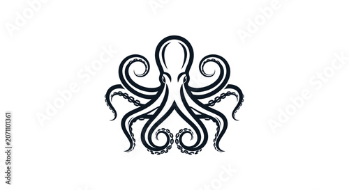 Stylized Black Octopus with Curled Tentacles on White Background.