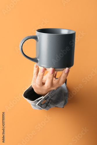 Female hand holding grey mu...