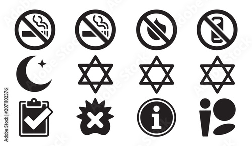 Vászonkép Halal and kosher signs, warning symbols, religious and prohibition icons set