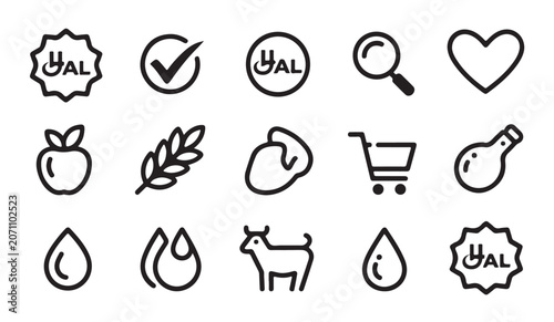 Billede på lærred Halal certification and grocery shopping line icons for dietary food product labels design