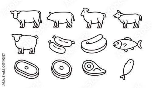 Canvastavla Set of meat and fish vector icons depicting various animals and prepared food items