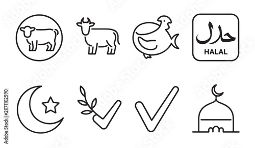 Sticker Set of halal food and islamic religious vector icons in outline style for certification