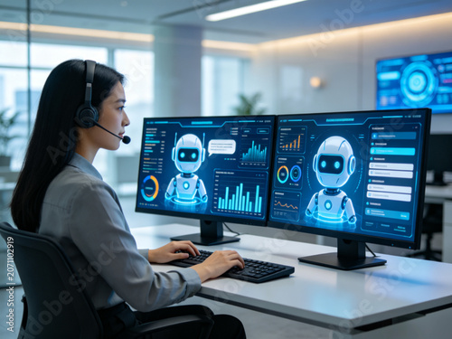 Woman uses AI robot tools on dual screens