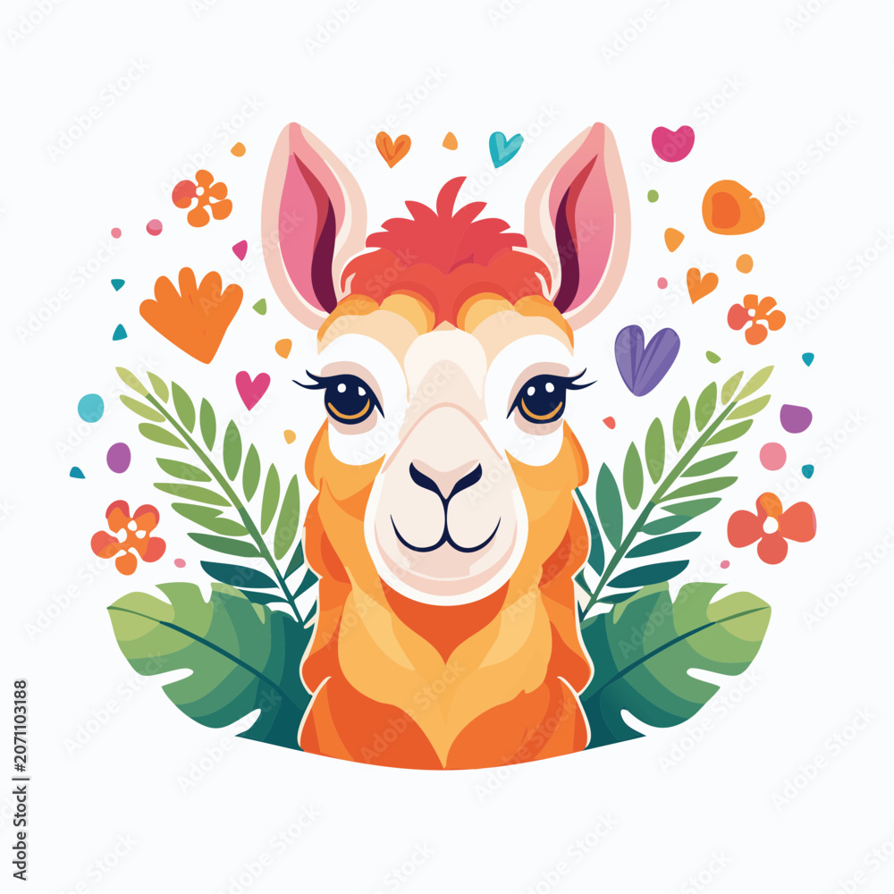 Obraz premium Cute Llama Illustration with Flowers and Hearts