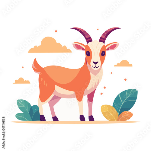 Cute flat design goat illustration with plants and clouds