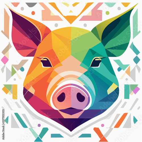 Geometric Pig Portrait with Rainbow Colors and Tribal Patterns