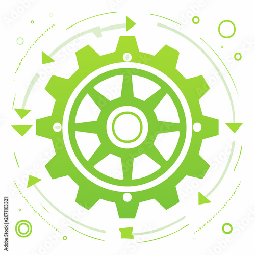 Green Gear Mechanism with Circular Arrows and Dots