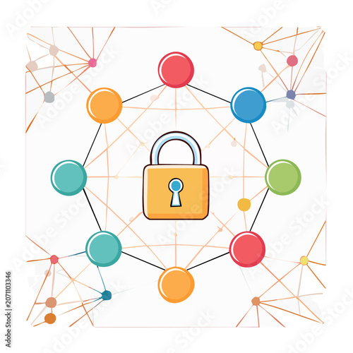 Padlock with colorful network nodes and connections