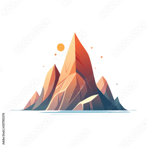 Stylized mountain range with sun and geometric shapes