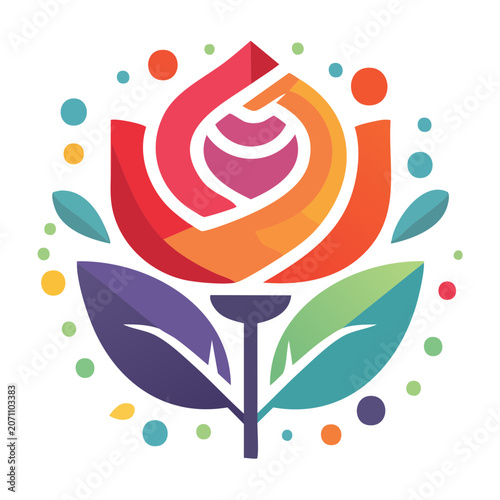 Stylized rose icon with colorful dots and leaves