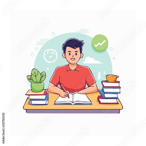 Young man studying at a desk with books and coffee