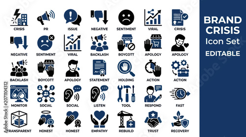 Obraz na płótnie Brand Crisis Icon Set: Negative Sentiment, Viral, Backlash, Apology, Action, Tru